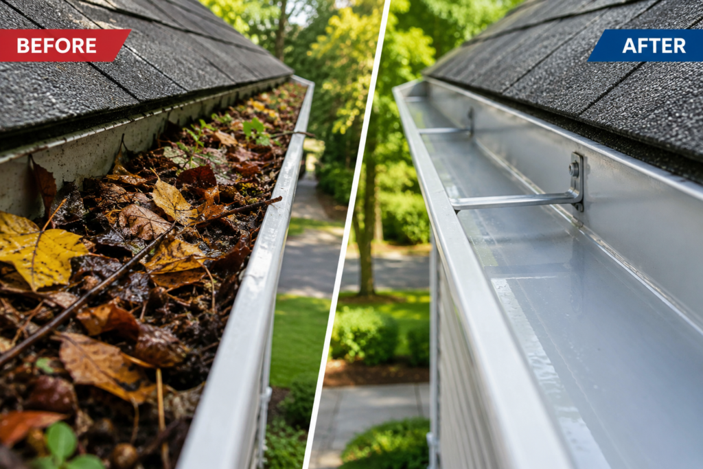 Gutter cleaning before and after in Fairfield County, CT